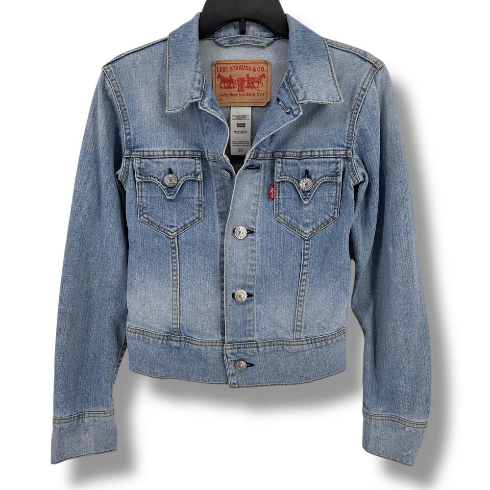 Levi's Type 1 Pointed Pocket Logo Denin Jean Trucker Jacket Womens Sz Small Blue